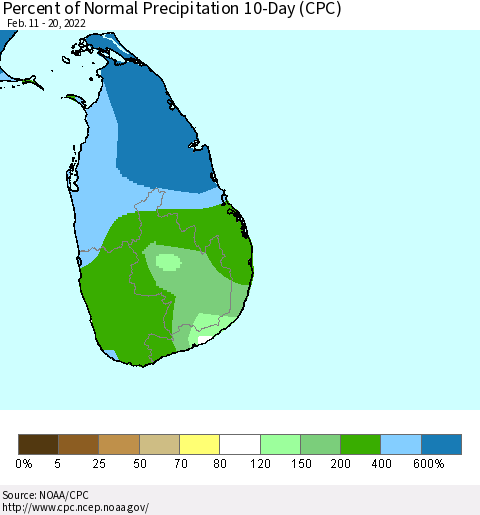 Sri Lanka Percent of Normal Precipitation 10-Day (CPC) Thematic Map For 2/11/2022 - 2/20/2022