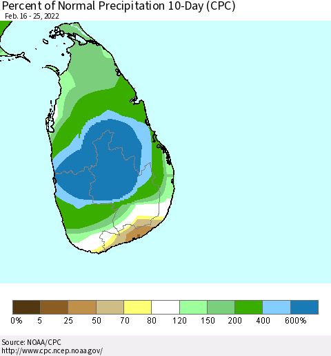 Sri Lanka Percent of Normal Precipitation 10-Day (CPC) Thematic Map For 2/16/2022 - 2/25/2022