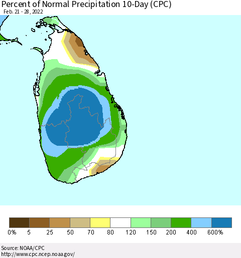 Sri Lanka Percent of Normal Precipitation 10-Day (CPC) Thematic Map For 2/21/2022 - 2/28/2022