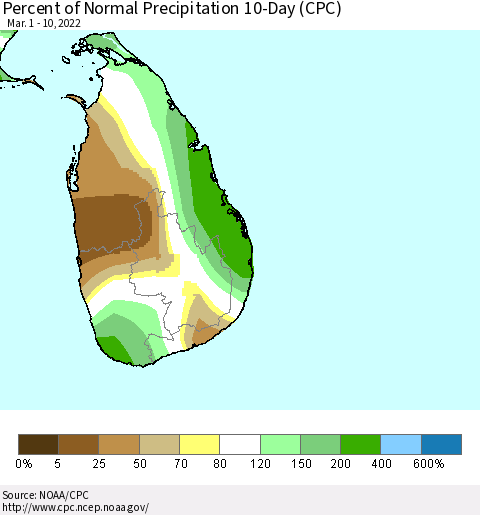 Sri Lanka Percent of Normal Precipitation 10-Day (CPC) Thematic Map For 3/1/2022 - 3/10/2022
