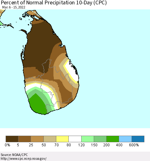 Sri Lanka Percent of Normal Precipitation 10-Day (CPC) Thematic Map For 3/6/2022 - 3/15/2022