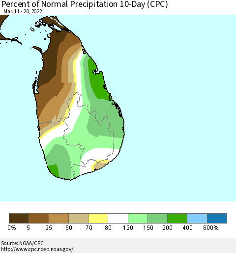 Sri Lanka Percent of Normal Precipitation 10-Day (CPC) Thematic Map For 3/11/2022 - 3/20/2022