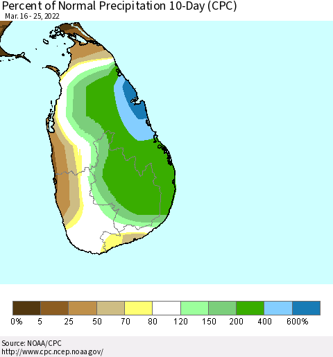 Sri Lanka Percent of Normal Precipitation 10-Day (CPC) Thematic Map For 3/16/2022 - 3/25/2022