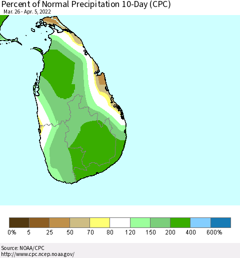 Sri Lanka Percent of Normal Precipitation 10-Day (CPC) Thematic Map For 3/26/2022 - 4/5/2022