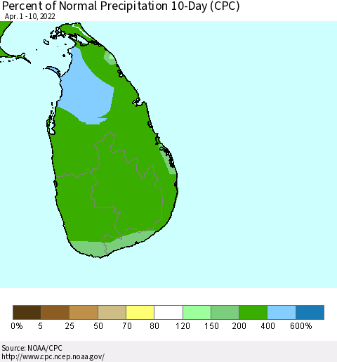Sri Lanka Percent of Normal Precipitation 10-Day (CPC) Thematic Map For 4/1/2022 - 4/10/2022