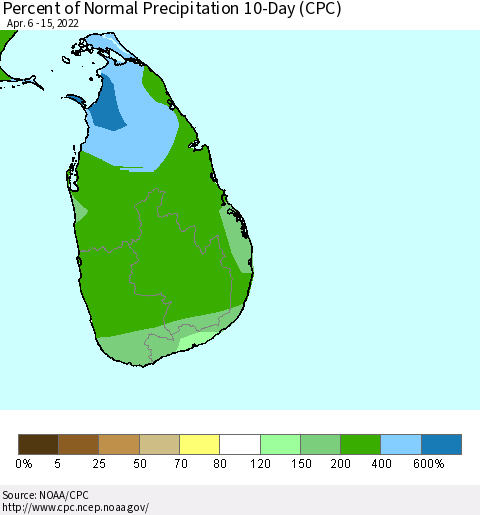 Sri Lanka Percent of Normal Precipitation 10-Day (CPC) Thematic Map For 4/6/2022 - 4/15/2022