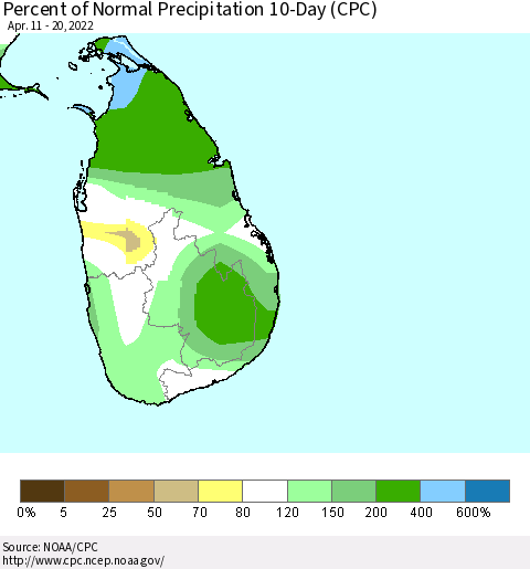 Sri Lanka Percent of Normal Precipitation 10-Day (CPC) Thematic Map For 4/11/2022 - 4/20/2022