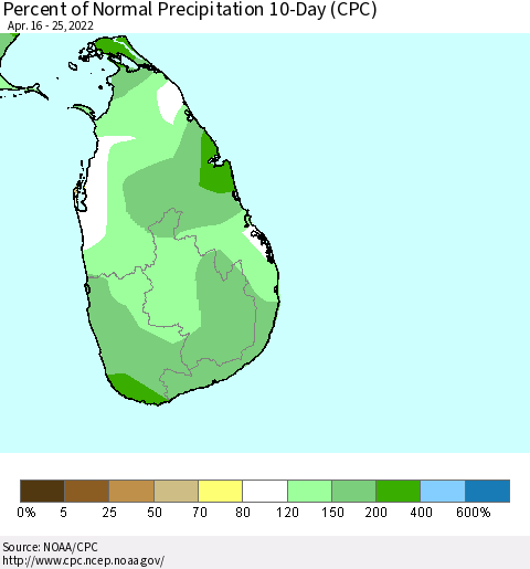 Sri Lanka Percent of Normal Precipitation 10-Day (CPC) Thematic Map For 4/16/2022 - 4/25/2022