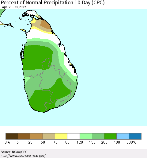 Sri Lanka Percent of Normal Precipitation 10-Day (CPC) Thematic Map For 4/21/2022 - 4/30/2022