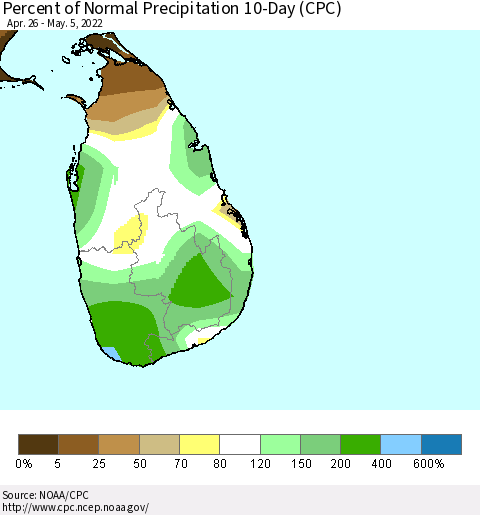 Sri Lanka Percent of Normal Precipitation 10-Day (CPC) Thematic Map For 4/26/2022 - 5/5/2022