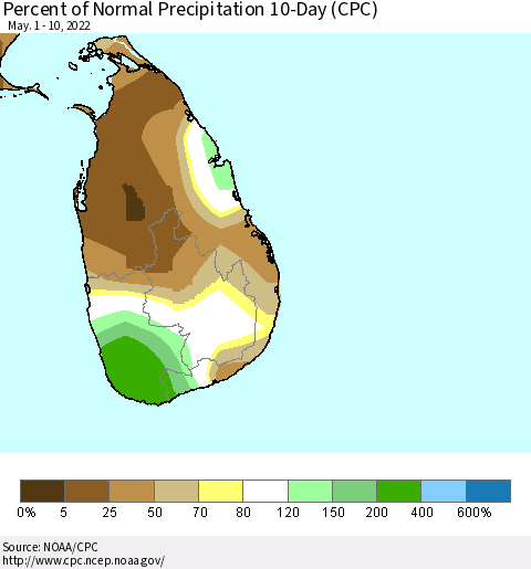 Sri Lanka Percent of Normal Precipitation 10-Day (CPC) Thematic Map For 5/1/2022 - 5/10/2022