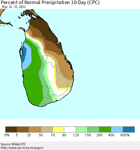 Sri Lanka Percent of Normal Precipitation 10-Day (CPC) Thematic Map For 5/21/2022 - 5/31/2022
