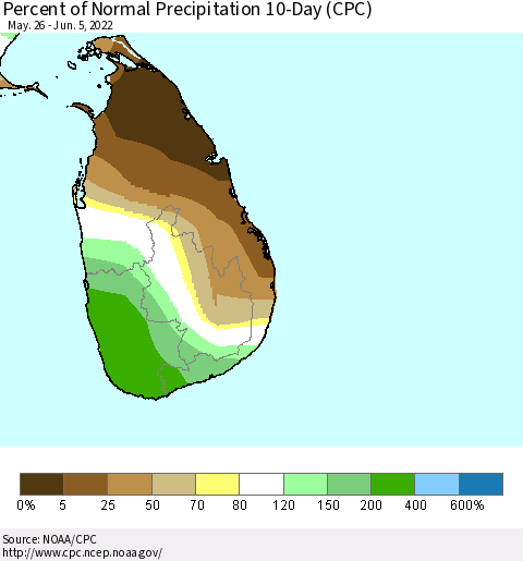 Sri Lanka Percent of Normal Precipitation 10-Day (CPC) Thematic Map For 5/26/2022 - 6/5/2022