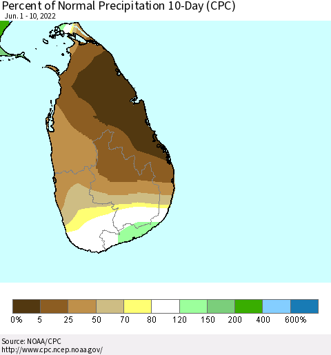 Sri Lanka Percent of Normal Precipitation 10-Day (CPC) Thematic Map For 6/1/2022 - 6/10/2022