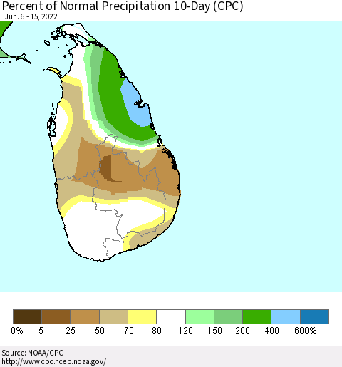 Sri Lanka Percent of Normal Precipitation 10-Day (CPC) Thematic Map For 6/6/2022 - 6/15/2022