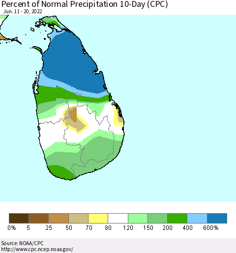 Sri Lanka Percent of Normal Precipitation 10-Day (CPC) Thematic Map For 6/11/2022 - 6/20/2022