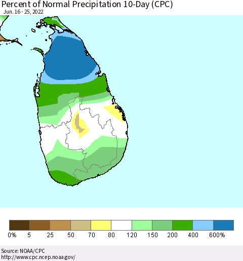 Sri Lanka Percent of Normal Precipitation 10-Day (CPC) Thematic Map For 6/16/2022 - 6/25/2022
