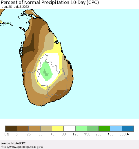 Sri Lanka Percent of Normal Precipitation 10-Day (CPC) Thematic Map For 6/26/2022 - 7/5/2022