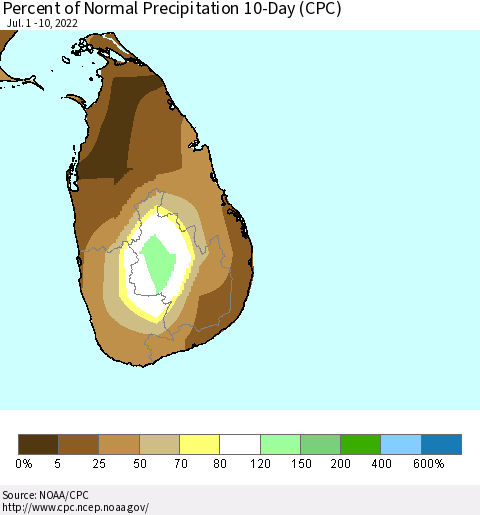 Sri Lanka Percent of Normal Precipitation 10-Day (CPC) Thematic Map For 7/1/2022 - 7/10/2022