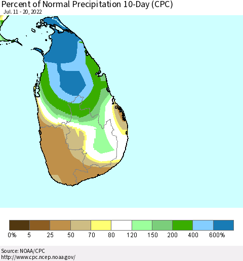 Sri Lanka Percent of Normal Precipitation 10-Day (CPC) Thematic Map For 7/11/2022 - 7/20/2022