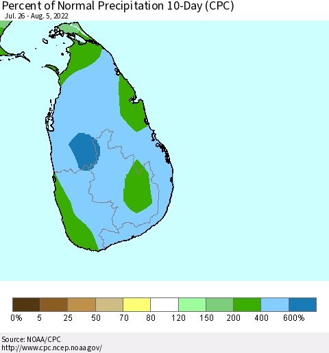 Sri Lanka Percent of Normal Precipitation 10-Day (CPC) Thematic Map For 7/26/2022 - 8/5/2022