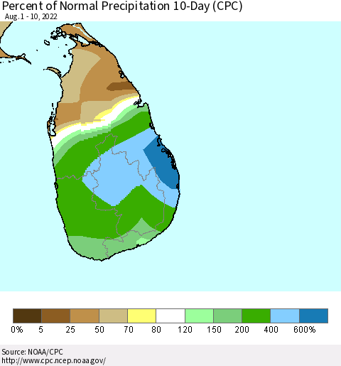 Sri Lanka Percent of Normal Precipitation 10-Day (CPC) Thematic Map For 8/1/2022 - 8/10/2022