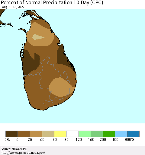 Sri Lanka Percent of Normal Precipitation 10-Day (CPC) Thematic Map For 8/6/2022 - 8/15/2022