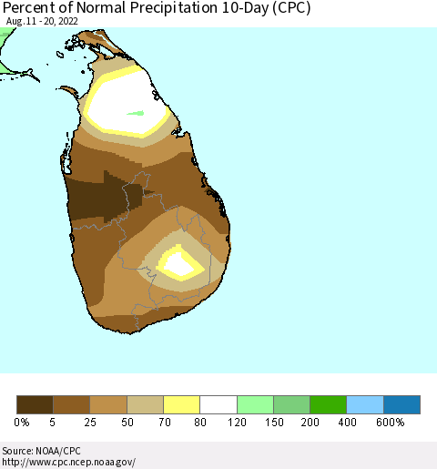Sri Lanka Percent of Normal Precipitation 10-Day (CPC) Thematic Map For 8/11/2022 - 8/20/2022