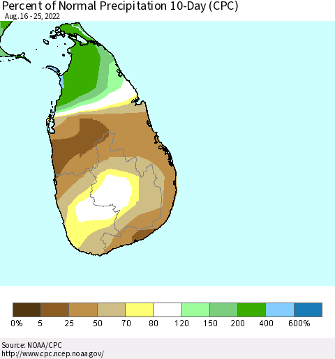 Sri Lanka Percent of Normal Precipitation 10-Day (CPC) Thematic Map For 8/16/2022 - 8/25/2022