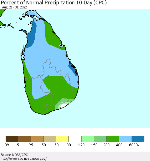 Sri Lanka Percent of Normal Precipitation 10-Day (CPC) Thematic Map For 8/21/2022 - 8/31/2022