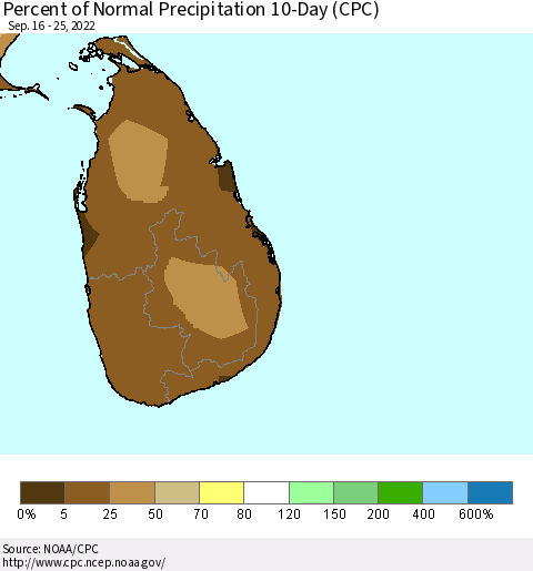 Sri Lanka Percent of Normal Precipitation 10-Day (CPC) Thematic Map For 9/16/2022 - 9/25/2022