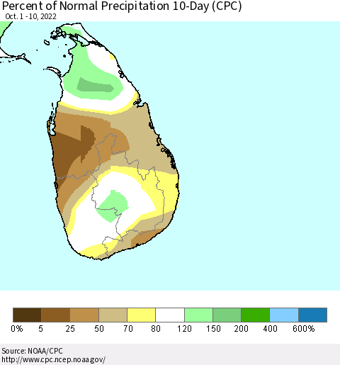 Sri Lanka Percent of Normal Precipitation 10-Day (CPC) Thematic Map For 10/1/2022 - 10/10/2022