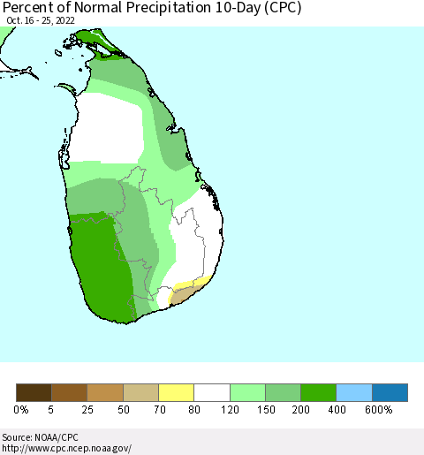Sri Lanka Percent of Normal Precipitation 10-Day (CPC) Thematic Map For 10/16/2022 - 10/25/2022