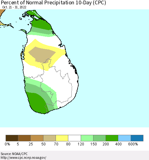 Sri Lanka Percent of Normal Precipitation 10-Day (CPC) Thematic Map For 10/21/2022 - 10/31/2022
