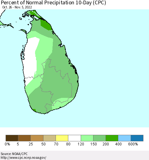 Sri Lanka Percent of Normal Precipitation 10-Day (CPC) Thematic Map For 10/26/2022 - 11/5/2022