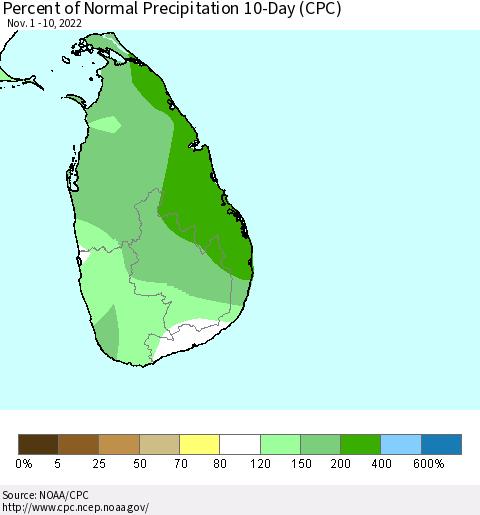 Sri Lanka Percent of Normal Precipitation 10-Day (CPC) Thematic Map For 11/1/2022 - 11/10/2022