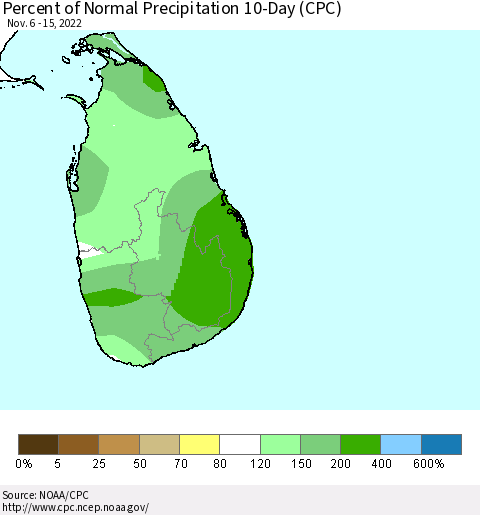 Sri Lanka Percent of Normal Precipitation 10-Day (CPC) Thematic Map For 11/6/2022 - 11/15/2022