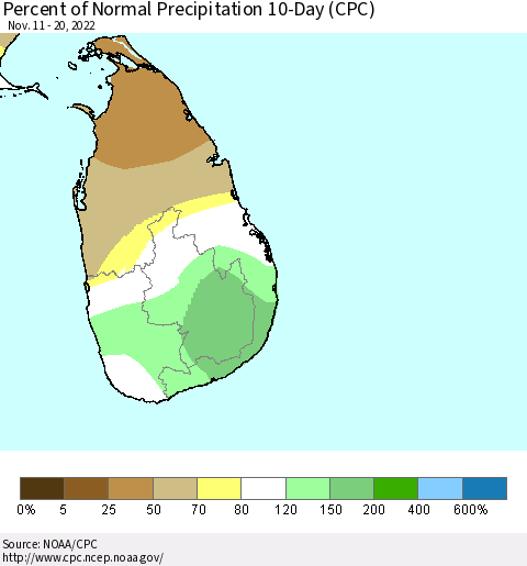 Sri Lanka Percent of Normal Precipitation 10-Day (CPC) Thematic Map For 11/11/2022 - 11/20/2022