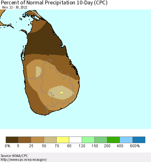 Sri Lanka Percent of Normal Precipitation 10-Day (CPC) Thematic Map For 11/21/2022 - 11/30/2022
