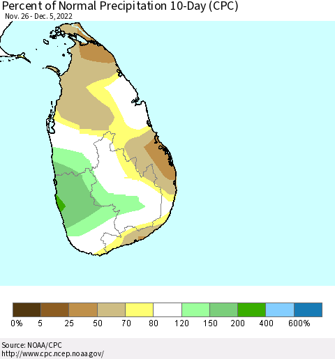 Sri Lanka Percent of Normal Precipitation 10-Day (CPC) Thematic Map For 11/26/2022 - 12/5/2022