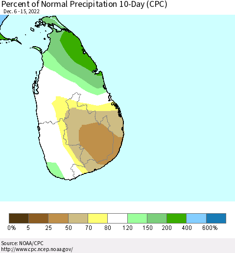 Sri Lanka Percent of Normal Precipitation 10-Day (CPC) Thematic Map For 12/6/2022 - 12/15/2022