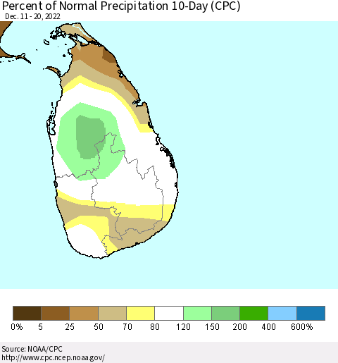 Sri Lanka Percent of Normal Precipitation 10-Day (CPC) Thematic Map For 12/11/2022 - 12/20/2022