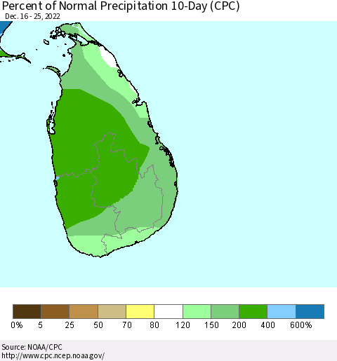 Sri Lanka Percent of Normal Precipitation 10-Day (CPC) Thematic Map For 12/16/2022 - 12/25/2022