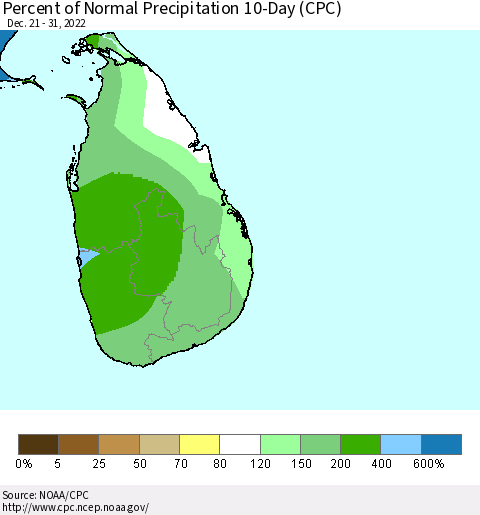 Sri Lanka Percent of Normal Precipitation 10-Day (CPC) Thematic Map For 12/21/2022 - 12/31/2022
