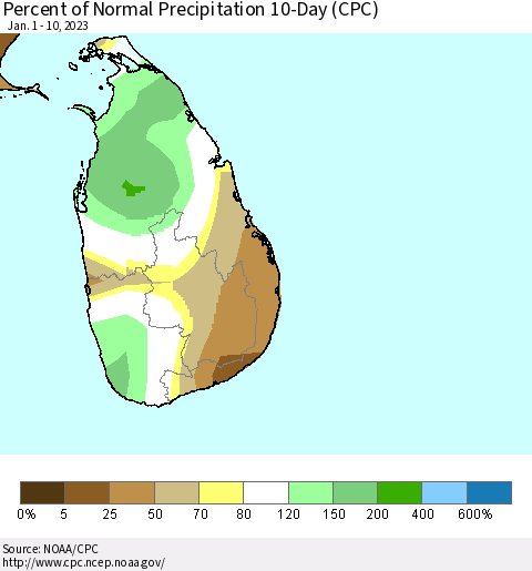 Sri Lanka Percent of Normal Precipitation 10-Day (CPC) Thematic Map For 1/1/2023 - 1/10/2023