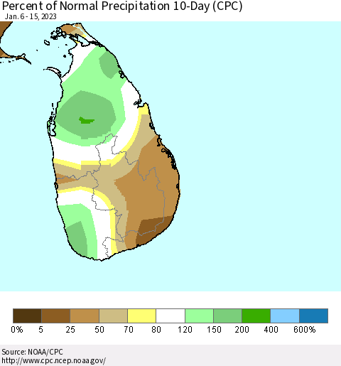 Sri Lanka Percent of Normal Precipitation 10-Day (CPC) Thematic Map For 1/6/2023 - 1/15/2023