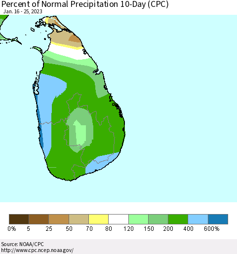 Sri Lanka Percent of Normal Precipitation 10-Day (CPC) Thematic Map For 1/16/2023 - 1/25/2023