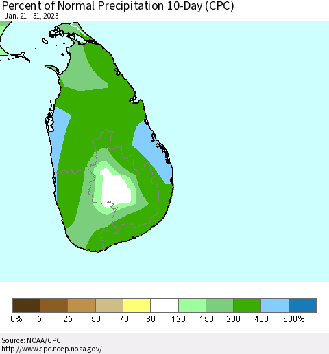 Sri Lanka Percent of Normal Precipitation 10-Day (CPC) Thematic Map For 1/21/2023 - 1/31/2023