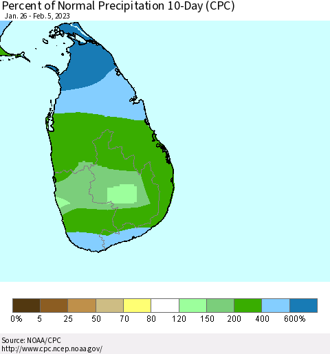Sri Lanka Percent of Normal Precipitation 10-Day (CPC) Thematic Map For 1/26/2023 - 2/5/2023