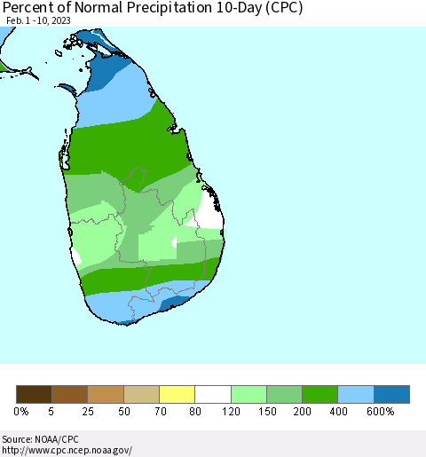 Sri Lanka Percent of Normal Precipitation 10-Day (CPC) Thematic Map For 2/1/2023 - 2/10/2023